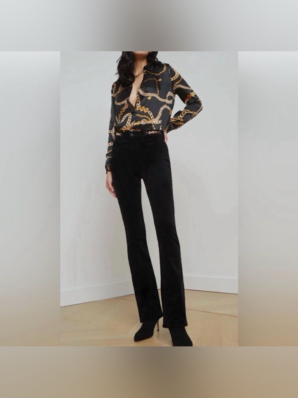 NWT L'AGENCE Stevie High-Rise Velvet Flare Jeans - Noir gold chain size 33 black